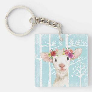 Happy Animal with Flowers in Blue Forest-Sheep Key Ring