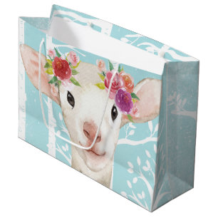 Happy Animal with Flowers in Blue Forest-Sheep Large Gift Bag