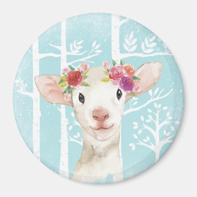 Happy Animal with Flowers in Blue Forest-Sheep Magnet (Front)