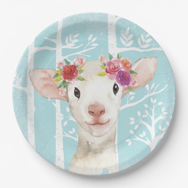 Happy Animal with Flowers in Blue Forest-Sheep Paper Plate (Front)