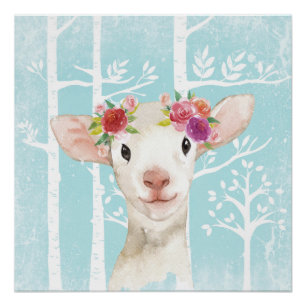 Happy Animal with Flowers in Blue Forest-Sheep Poster