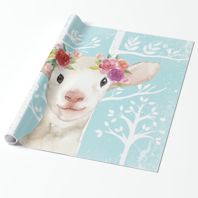 Happy Animal with Flowers in Blue Forest-Sheep Wrapping Paper (Unrolled)