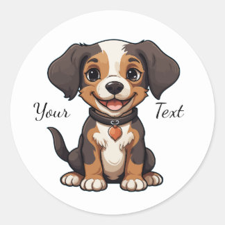 Happy Animated Puppy Illustration Customizable Classic Round Sticker