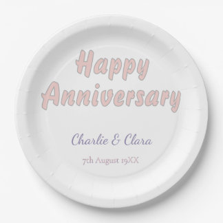 Happy anniversary add name pink grey pastel bold Paper Plate