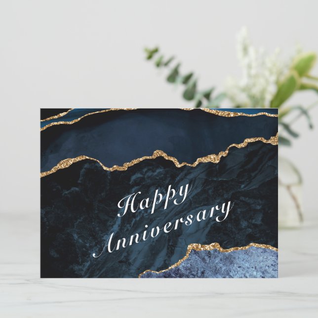 Happy Anniversary - Agate Navy Blue Gold Gemstone  Card (Standing Front)