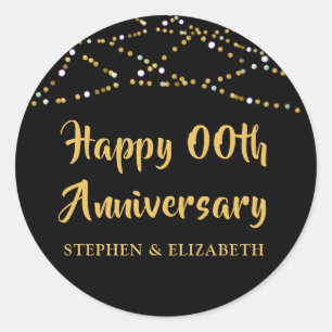 HAPPY ANNIVERSARY Any Year Black Gold Lights Name Classic Round Sticker