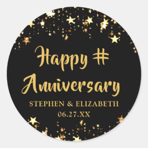 HAPPY ANNIVERSARY Any Year Black Gold Stars Name Classic Round Sticker