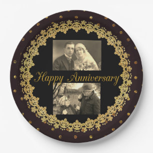 Happy Anniversary Black & Gold Personalised Plate