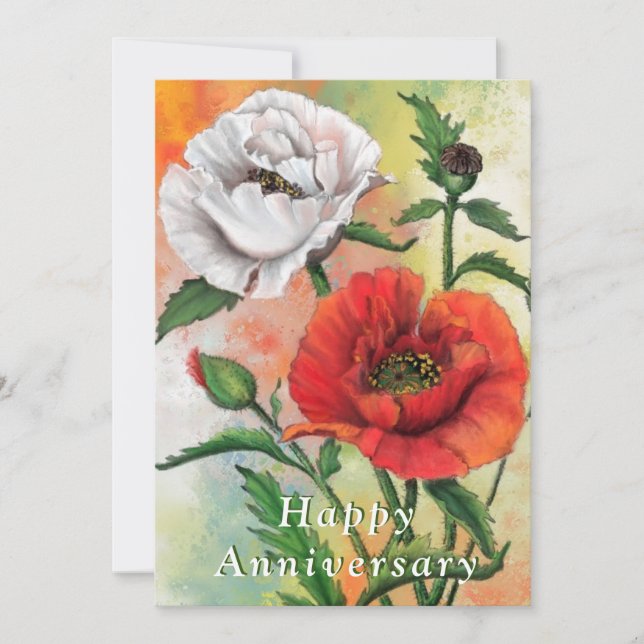 Happy Anniversary Card Red White Poppies (Front)
