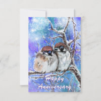 Happy Anniversary Card Sparrows Couple In Winter