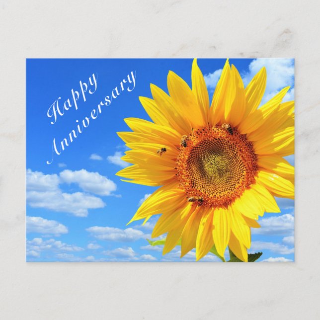 Happy Anniversary Card Sunflower and Bees Blue Sky (Front)
