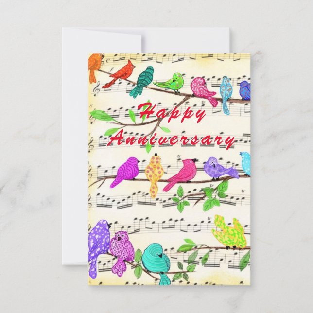 Happy Anniversary Card with Cute Musical  Birds (Front)