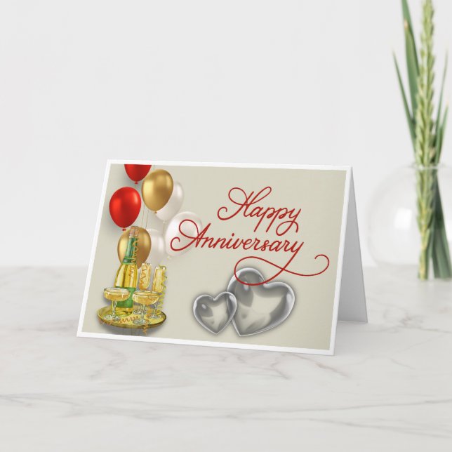 Happy Anniversary Champagne & Balloons Greeting  Card (Front)