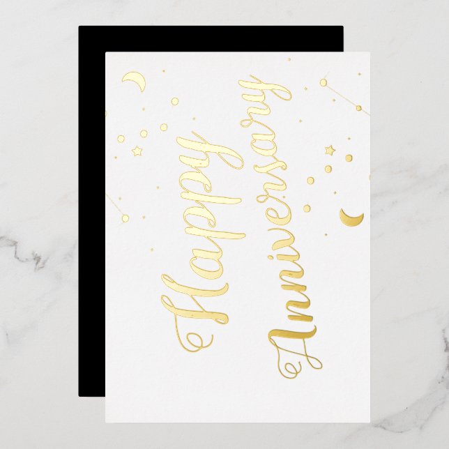 Happy Anniversary Constellations Moon Star Foil Holiday Card (Front/Back)