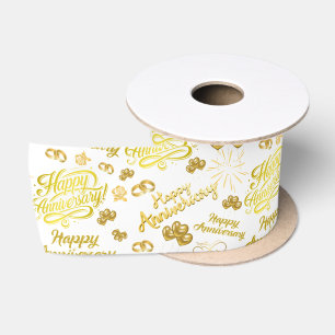 Happy Anniversary Elegant Gold Text Satin Ribbon