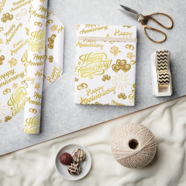Happy Anniversary  Elegant Gold Text Wrapping Paper (Crafts)