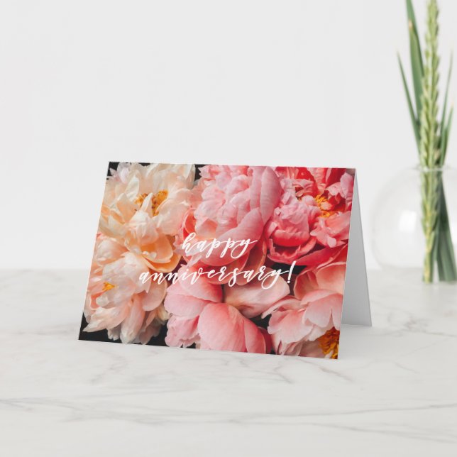 Happy Anniversary, Elegant Pink and Coral Peonies  Card (Front)