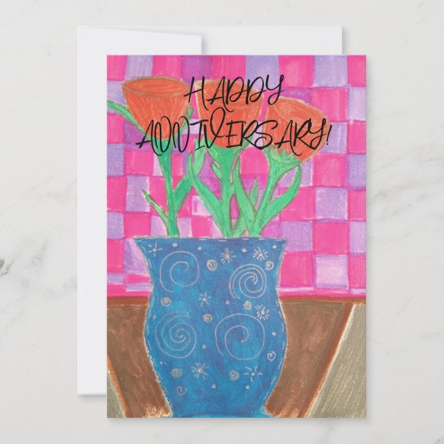 HAPPY ANNIVERSARY! FLORALS AND BLUE VASE CHECKERED HOLIDAY CARD (Front)