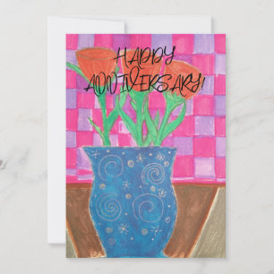 HAPPY ANNIVERSARY! FLORALS AND BLUE VASE CHECKERED HOLIDAY CARD