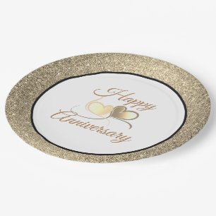 Happy Anniversary Gold Glitter 9" Paper Plates