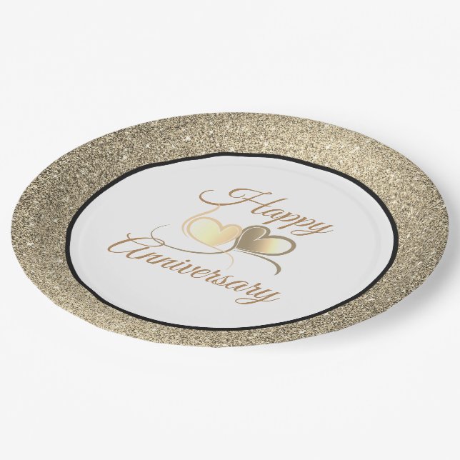 Happy Anniversary Gold Glitter 9" Paper Plates (Angled)