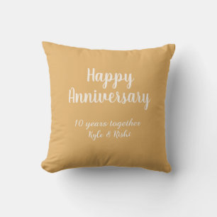 Happy anniversary golden white 10 years name date cushion