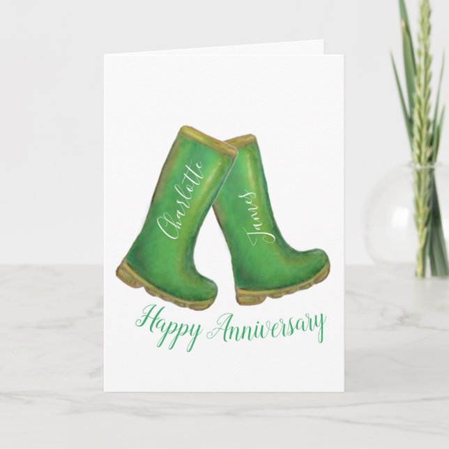 Happy Anniversary green gardening welly boot Card (Front)