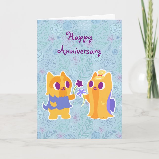 Happy Anniversary Kawaii Dog Puppy Love Yorkies Card (Front)