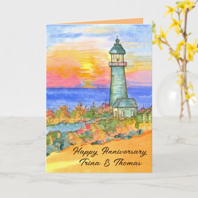 Happy Anniversary Lighthouse Sunset Personalised Card (Yellow Flower)