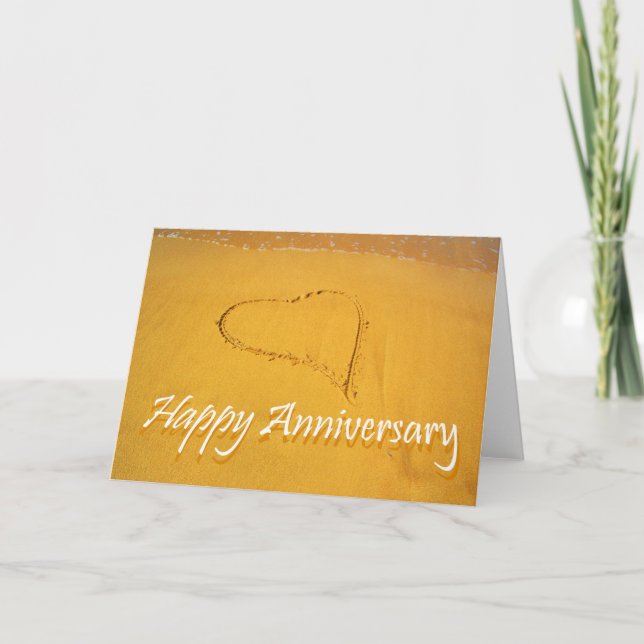 Happy Anniversary, Love heart drawn in the sand. Card (Front)