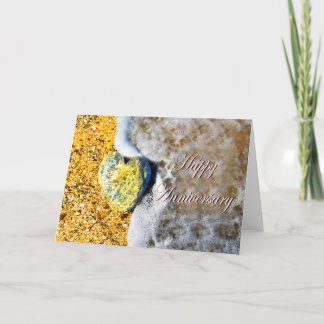 Happy Anniversary,Love Heart Pebble on Beach Card