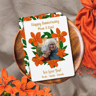 Happy Anniversary Mum and Dad Orange Red Floral Holiday Card