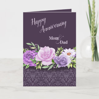 Happy Anniversary Mum and Dad Purple Roses Damask Card