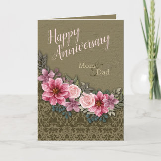 Happy Anniversary Mum Dad Red Pink on StoneDamask Card