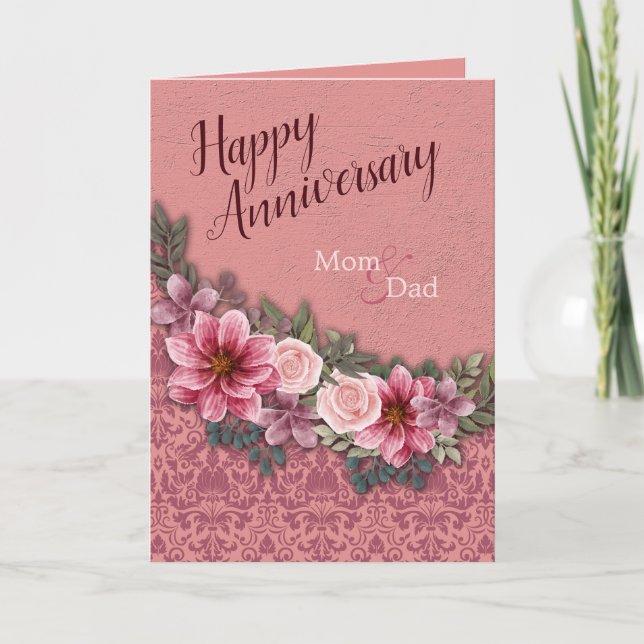 Happy Anniversary Mum Dad Red Pink onPink Damask Card (Front)