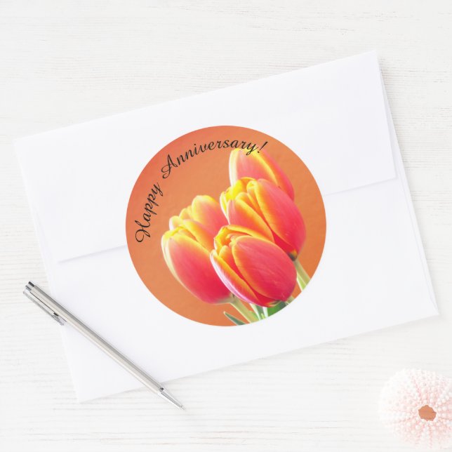 Happy Anniversary Orange Tulip Bouquet Classic Round Sticker (Envelope)
