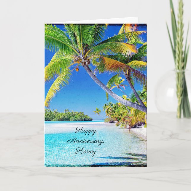 Happy Anniversary Palm Tree at Sunset Ocean Breeze Holiday Card (Front)