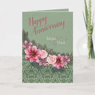 Happy Anniversary Parents Red Pink on Green Damask Card
