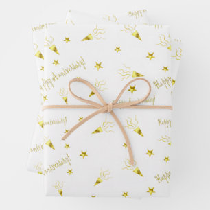 Happy anniversary pattern gold stars party poppers wrapping paper sheet
