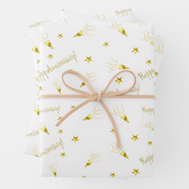 Happy anniversary pattern gold stars party poppers wrapping paper sheet (In situ)