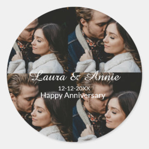 Happy anniversary photo collage name date simple w classic round sticker