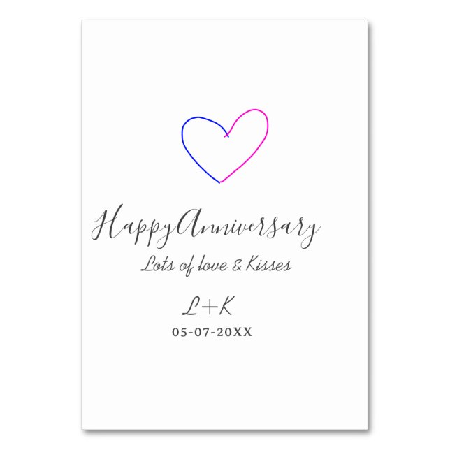 Happy anniversary pink blue heart name date simple table number (Front)