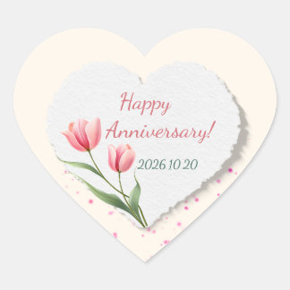 Happy Anniversary Pink Tulip Watercolor Heart Sticker
