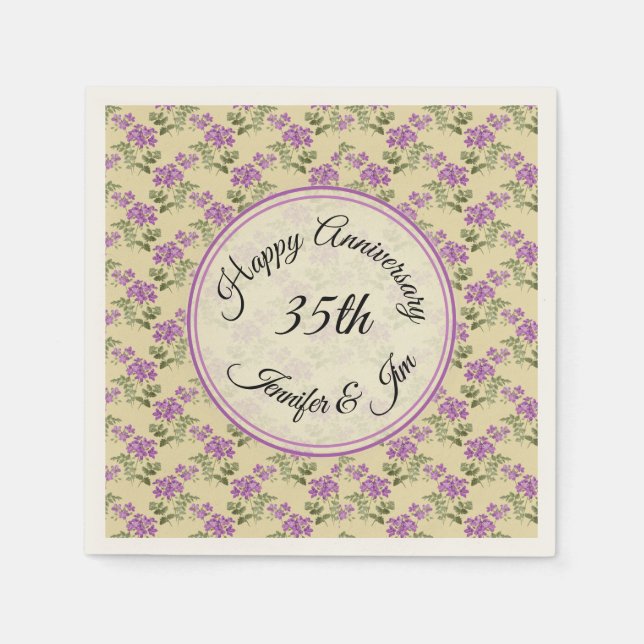 Happy Anniversary Purple Violets on Pale Yellow Napkin (Front)