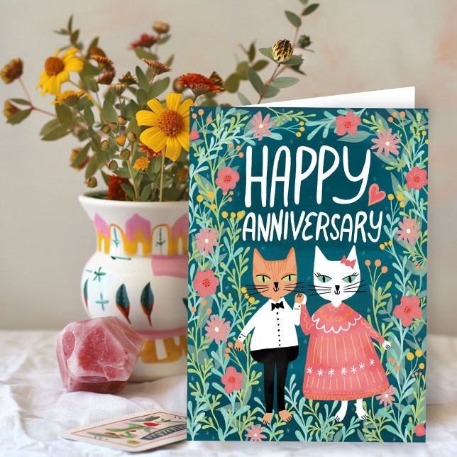 Happy Anniversary Purr-fect Pair Cats Floral Card (Happy Anniversary Purr-fect Pair Cute Cats Floral Handmade Card
)
