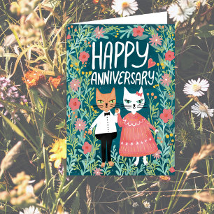 Happy Anniversary Purr-fect Pair Cats Floral Card