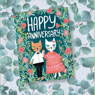 Happy Anniversary Purr-fect Pair Cats Floral Postcard