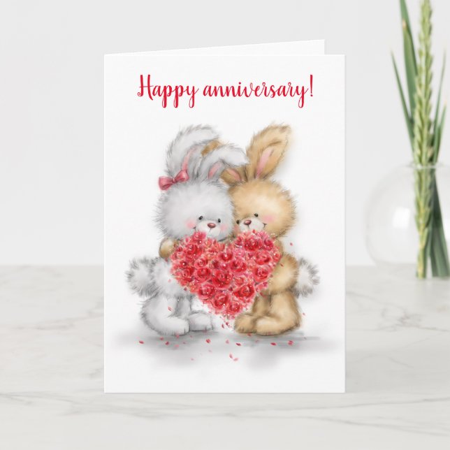 Happy Anniversary, rabbit couple with heart Card (Front)