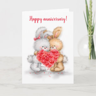 Happy Anniversary, rabbit couple with heart Card