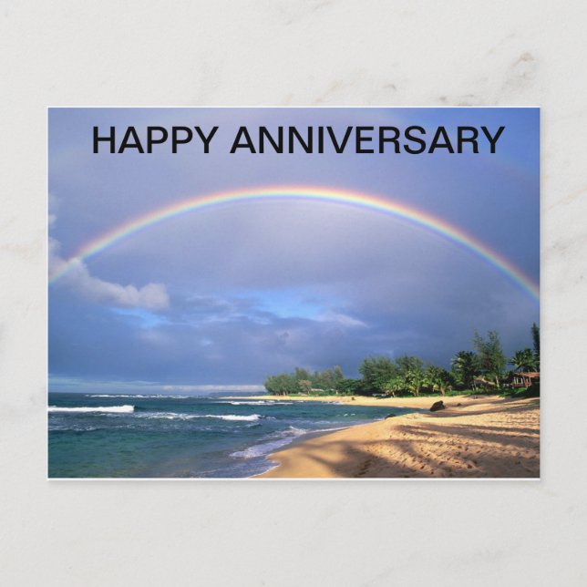 Happy Anniversary Rainbow over a beach postcard (Front)